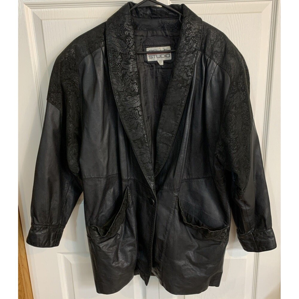 VTG Wilson Pelle Leather Jacket Womans Large L Black Paisley Floral Suede Accent